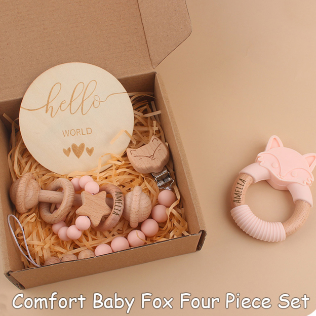 Personalized Baby Wooden Fox Pacifier Clip 4 Pcs Gift Set | CWBaby113