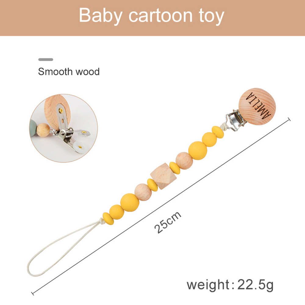 Personalized Baby Pacifier Silicone Wooden Bead Clip | CWBaby115