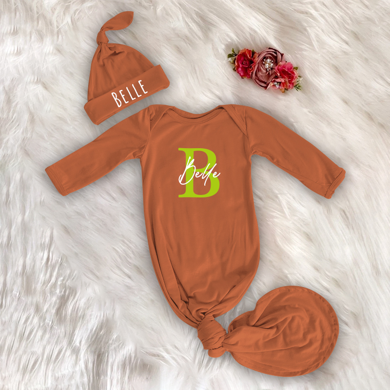 Personalized Cozy Newborn Gown with Knotted Hat | CWbaby33