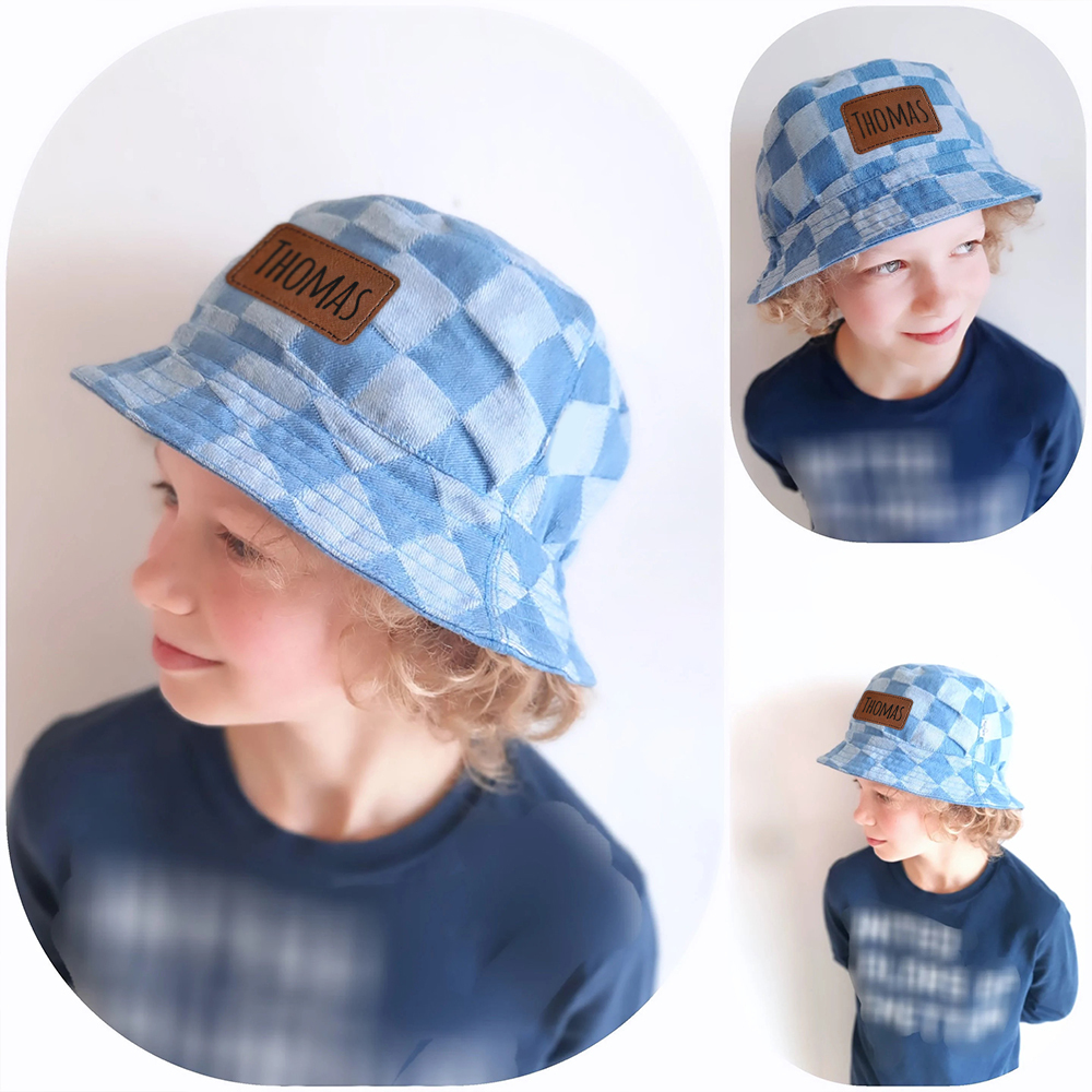 Personalized Leather Patch Checkerboard Denim Bucket Hat for Comfort & Unique | CWBeach175