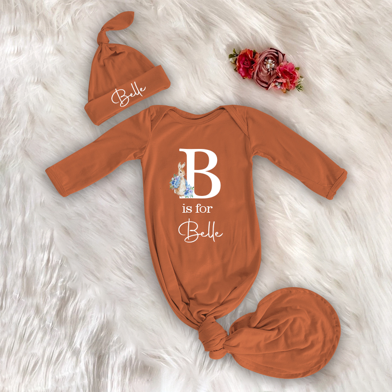 Personalized Cozy Newborn Easter Gown with Knotted Hat | CWbaby39