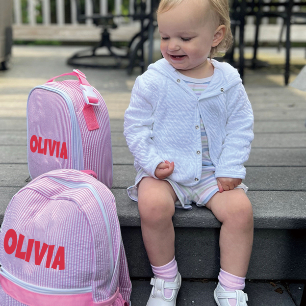 Personalized Chenille Patch Kids Seersucker School Backpack Set