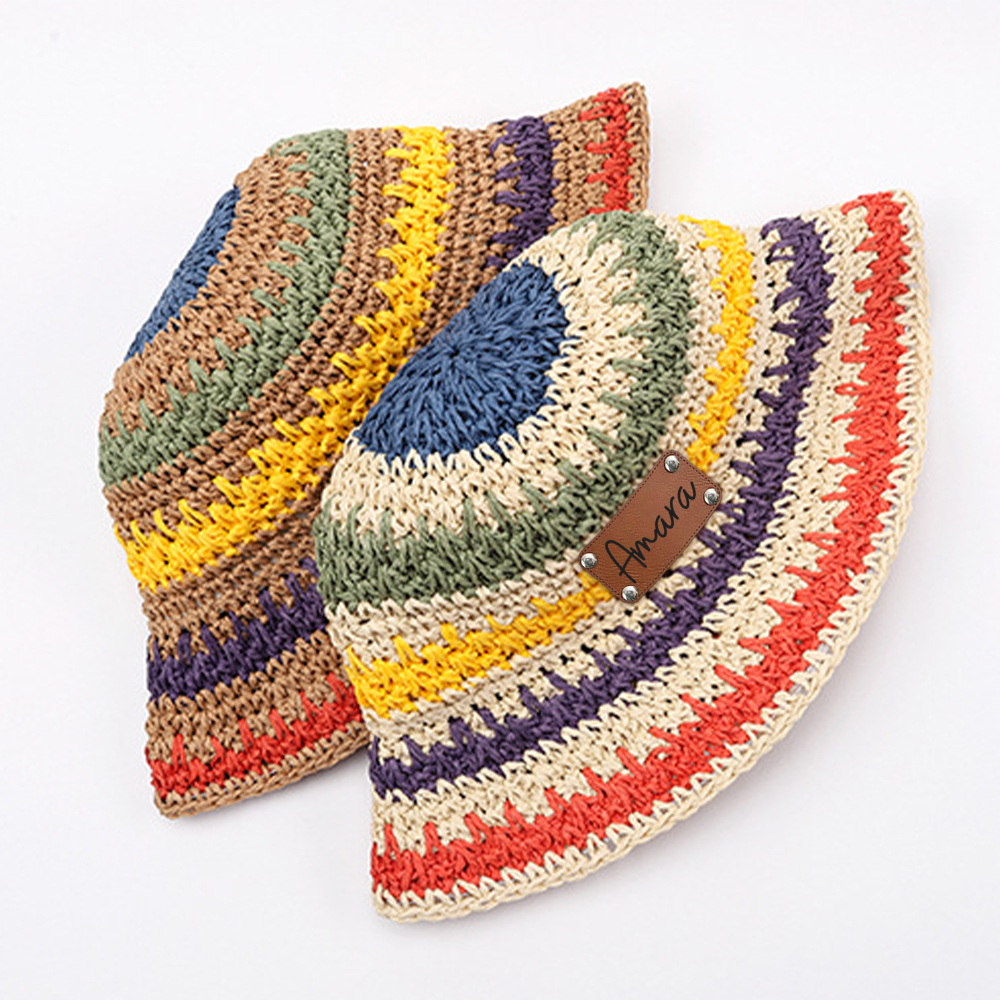 Personalized Summer Leather Patch Rainbow Straw Hat | CWBeach203