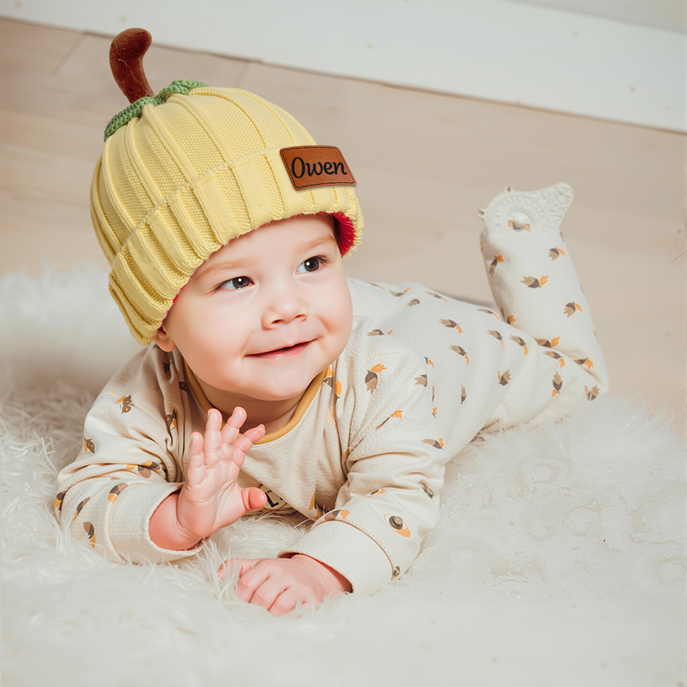 Personalized Leather Patch Pumpkin Wool Beanie | CWHalloween46