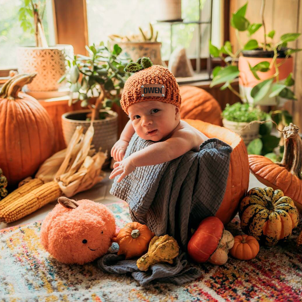 Personalized Leather Patch Pumpkin Wool Beanie | CWHalloween72