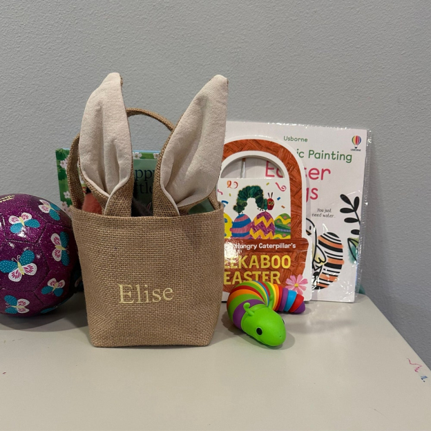 Personalized Embroidered Burlap Bunny Easter Basket | CWEaster46