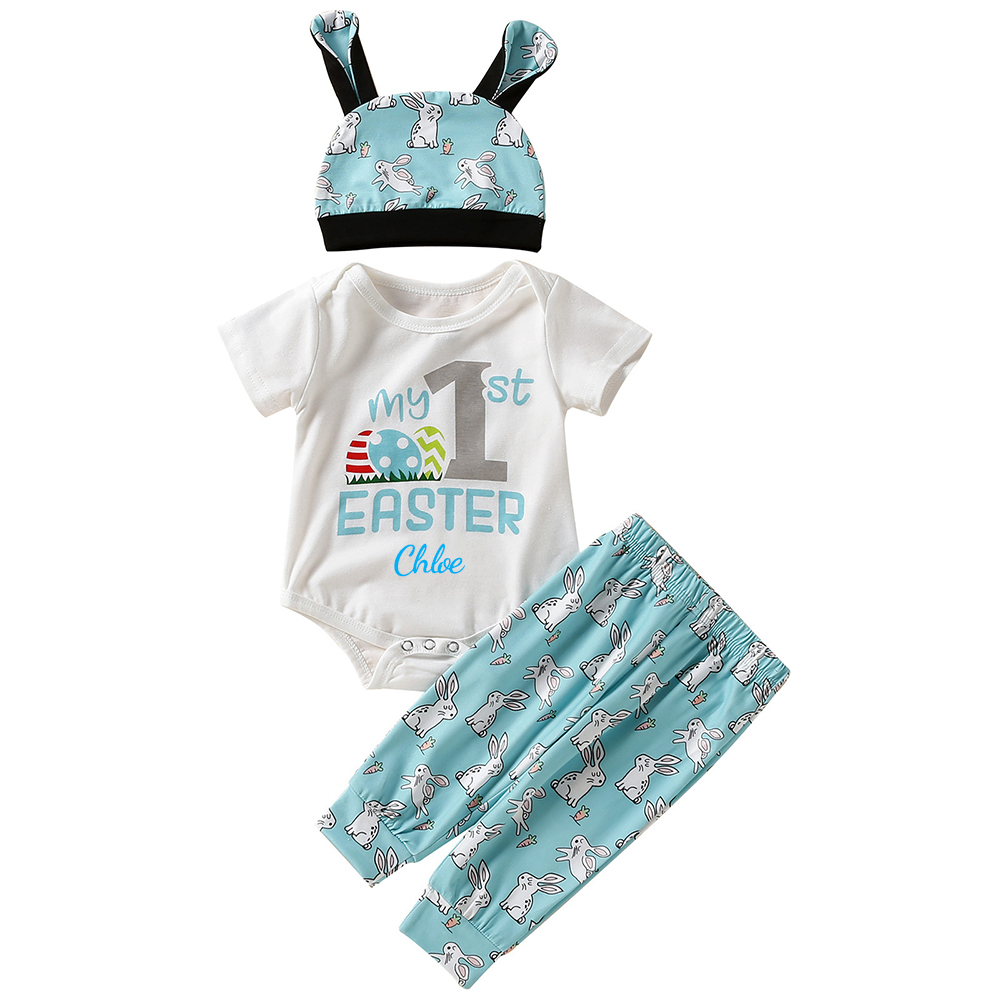 Personalized Baby Boy Cute Easter Alphabet 3pcs Outfit Set | CWEaster48