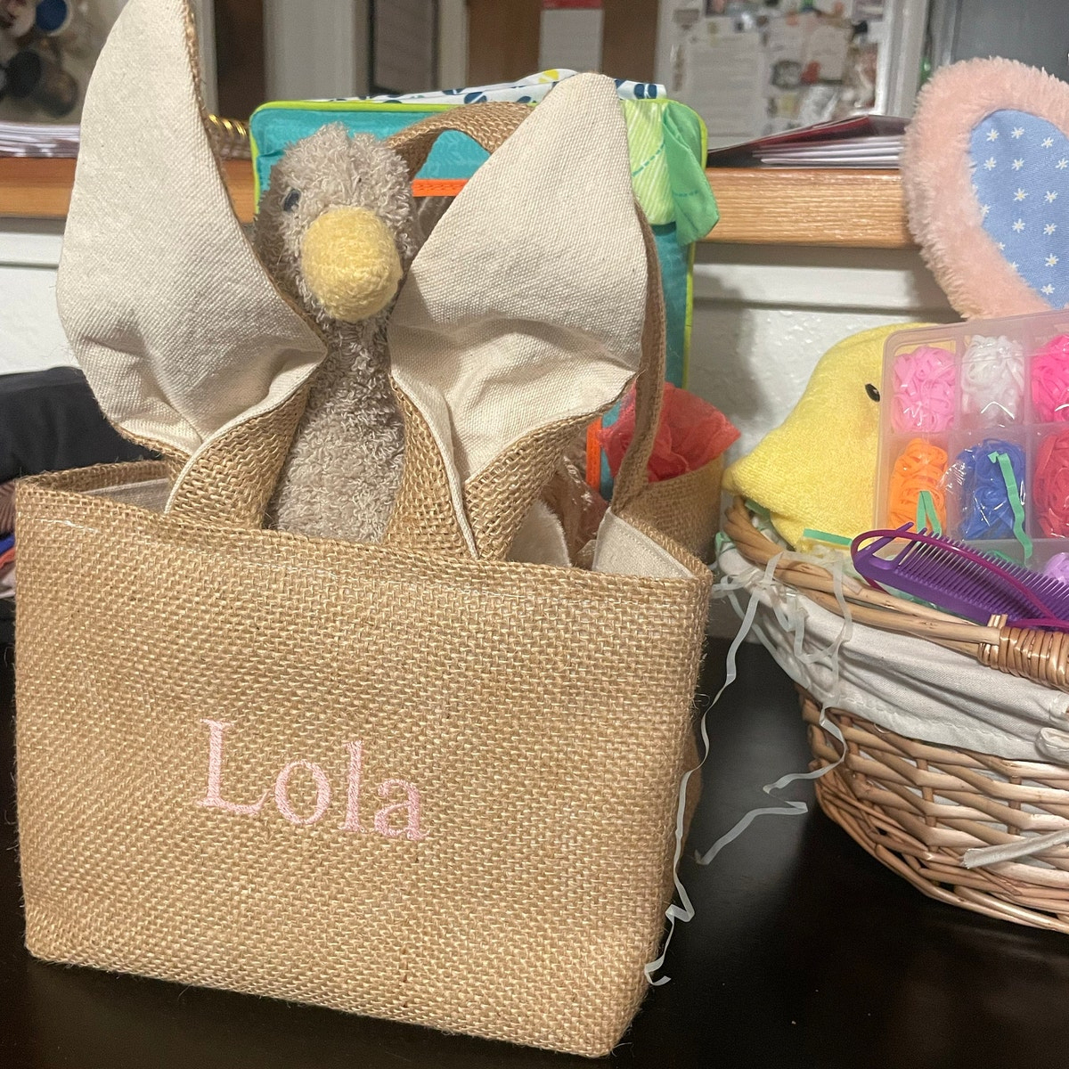 Personalized Embroidered Burlap Bunny Easter Basket | CWEaster46