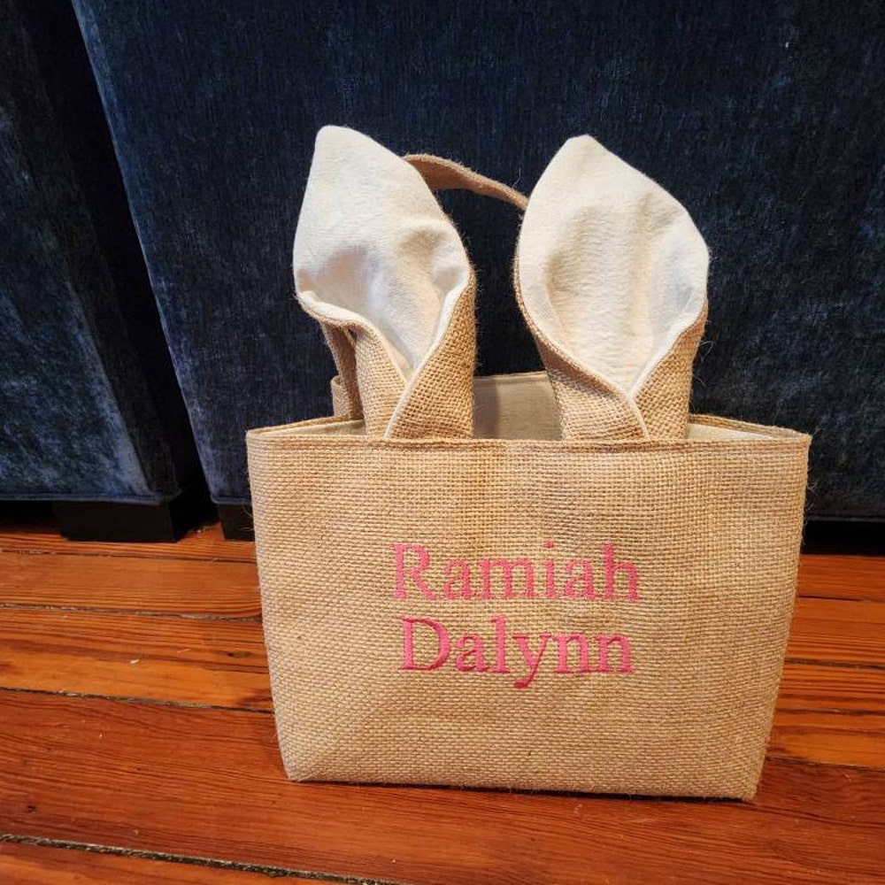 Personalized Embroidered Burlap Bunny Easter Basket | CWEaster46