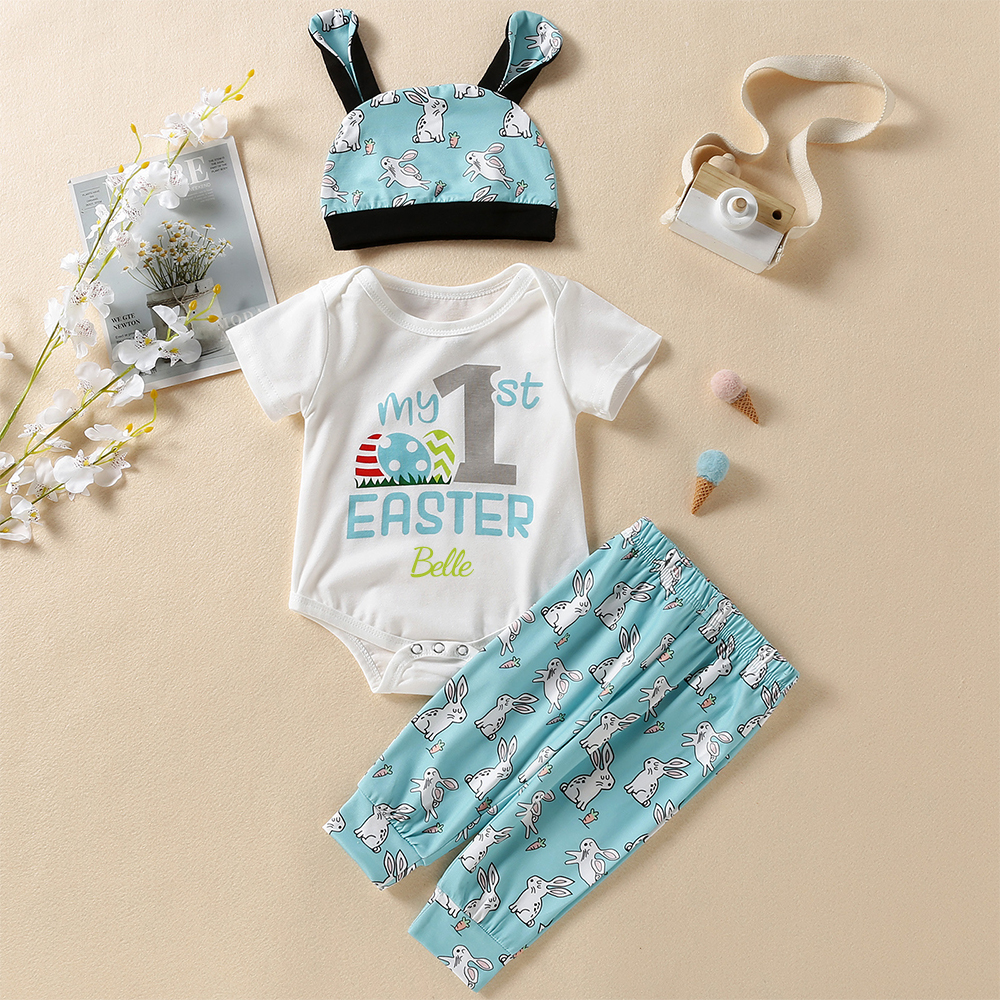 Personalized Baby Boy Cute Easter Alphabet 3pcs Outfit Set | CWEaster48