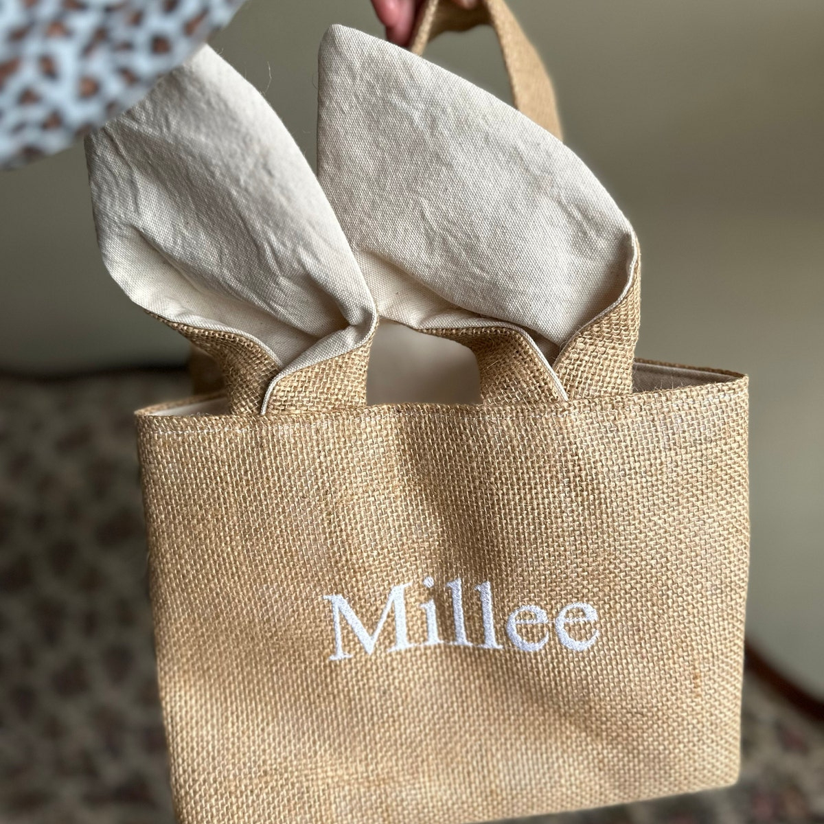 Personalized Embroidered Burlap Bunny Easter Basket | CWEaster46
