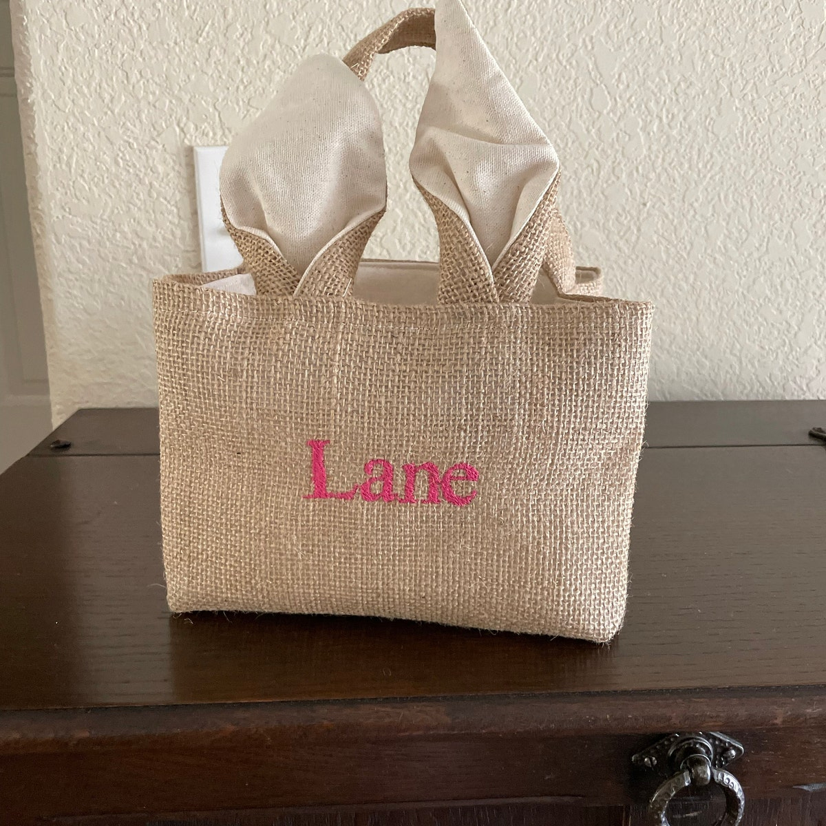 Personalized Embroidered Burlap Bunny Easter Basket | CWEaster46