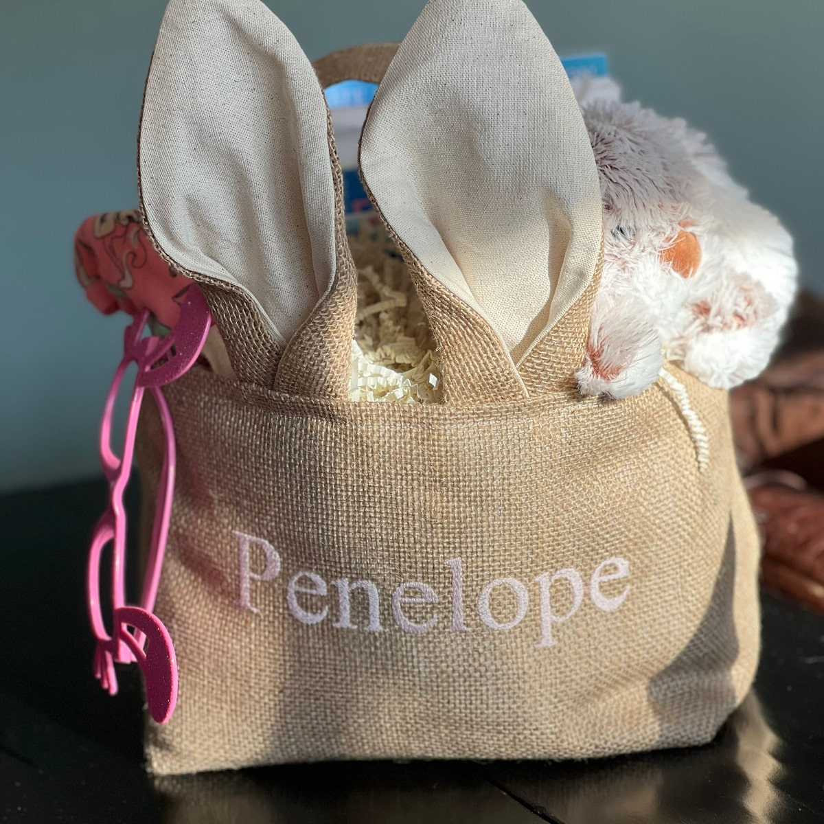 Personalized Embroidered Burlap Bunny Easter Basket | CWEaster46