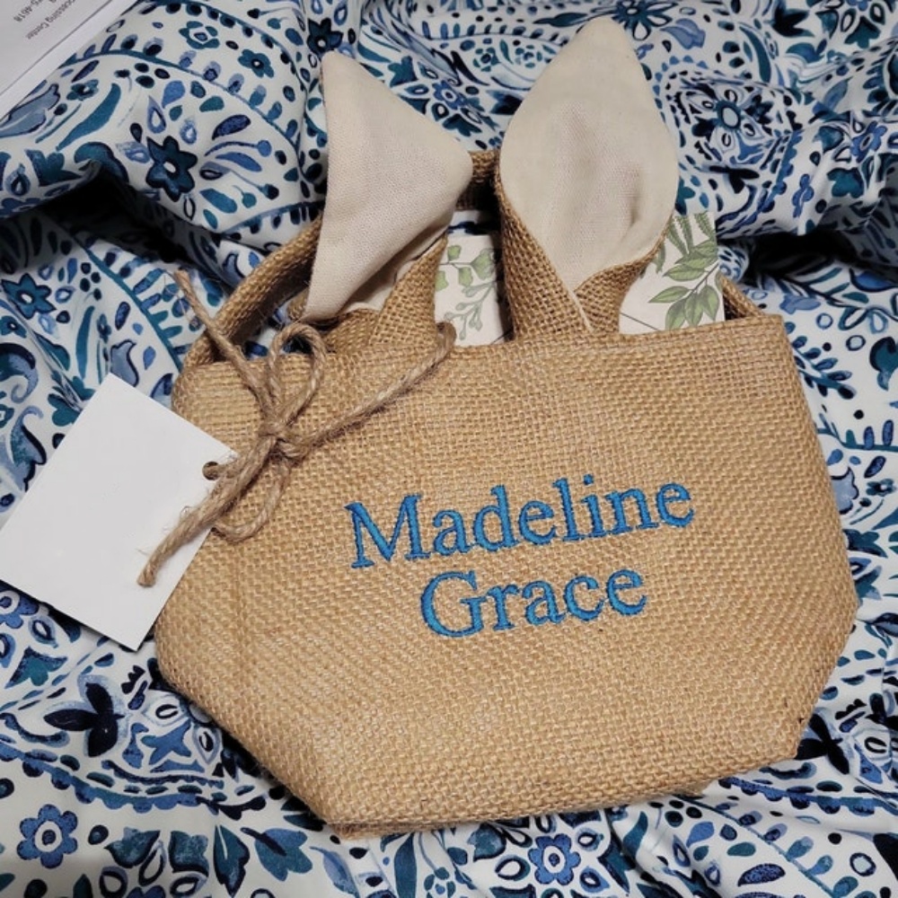 Personalized Embroidered Burlap Bunny Easter Basket | CWEaster46