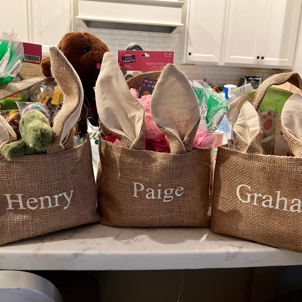 Personalized Embroidered Burlap Bunny Easter Basket | CWEaster46