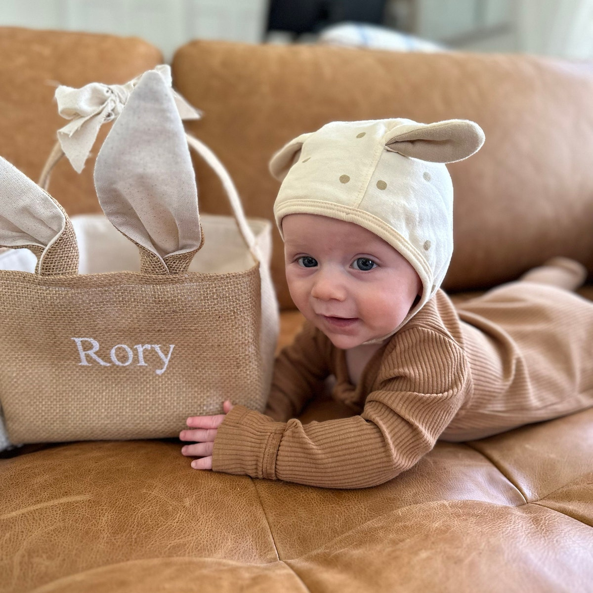 Personalized Embroidered Burlap Bunny Easter Basket | CWEaster46