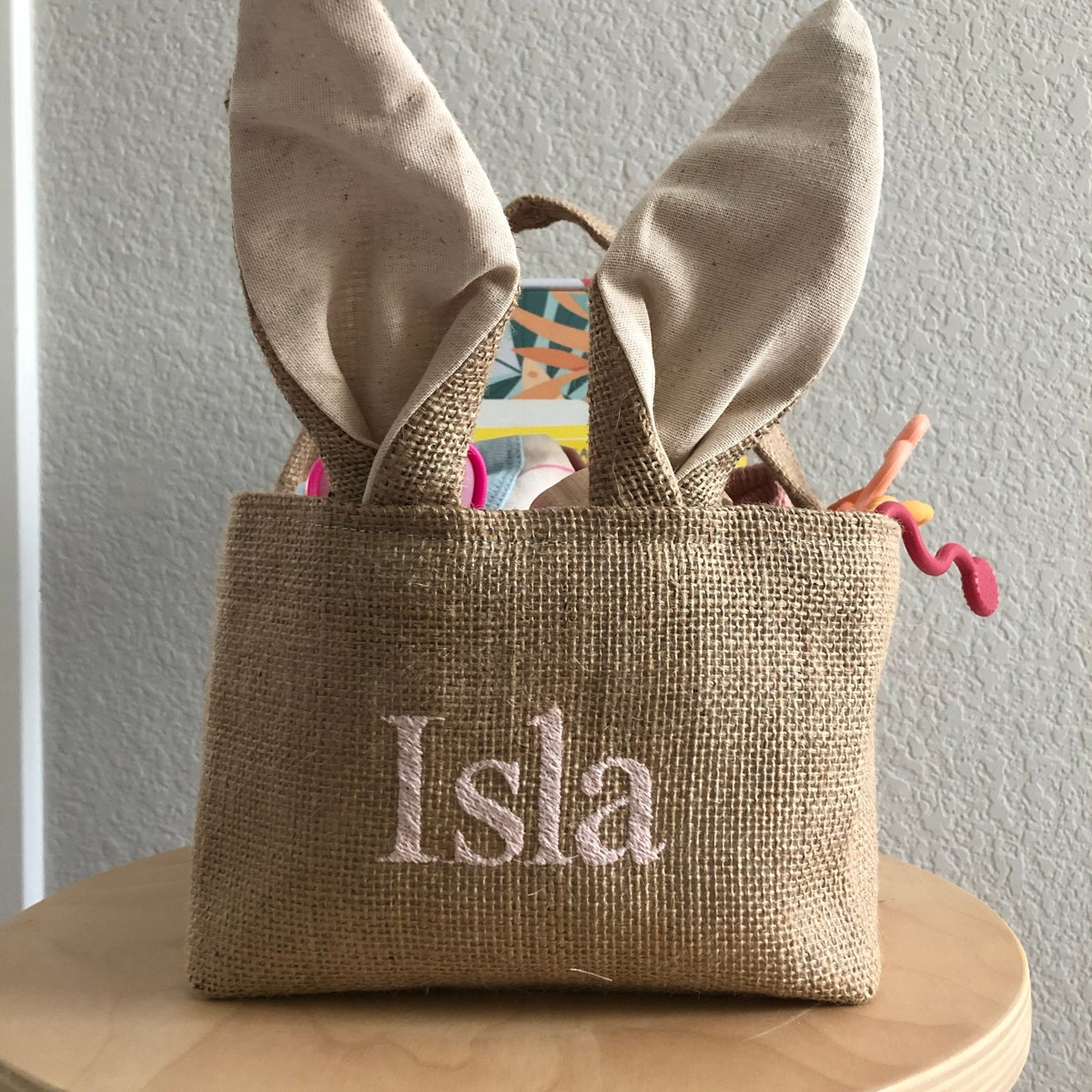 Personalized Embroidered Burlap Bunny Easter Basket | CWEaster46