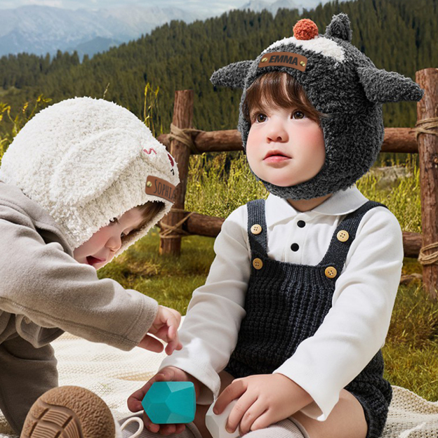 Personalized Leather Patch Adorable Animals Warm Winter Hat | HSKid73