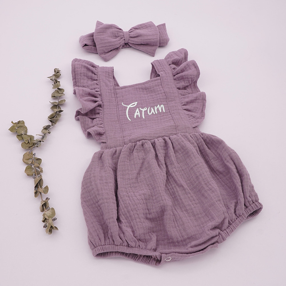 Personalized Embroidery Baby Organic Cotton Muslin Romper with Bow | inRomper35