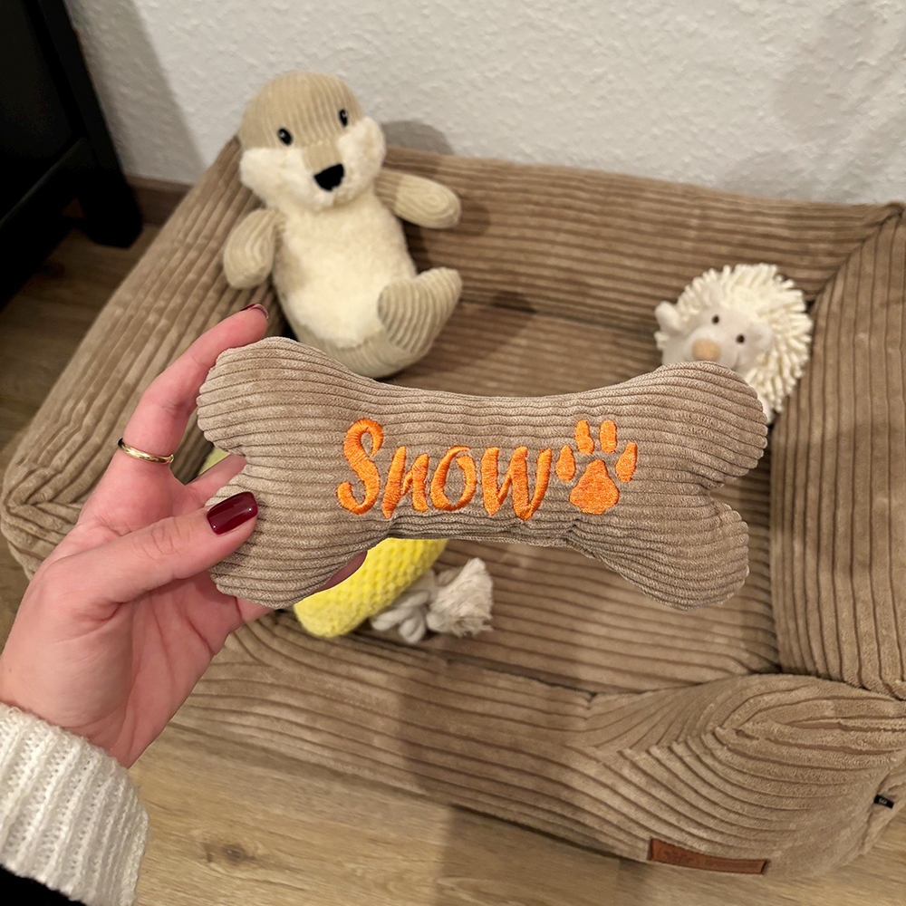 Personalized Embroidered Corduroy Puppy Bone Squeaker Toy | BKPet257