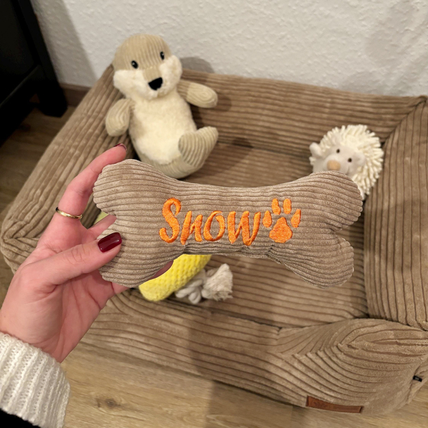 Personalized Embroidered Corduroy Puppy Bone Squeaker Toy | BKPet257