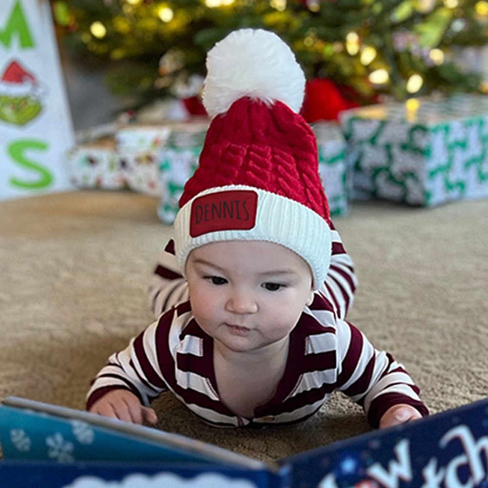 Personalized Leather Patch Christmas Pom Pom Hat | HSKid80