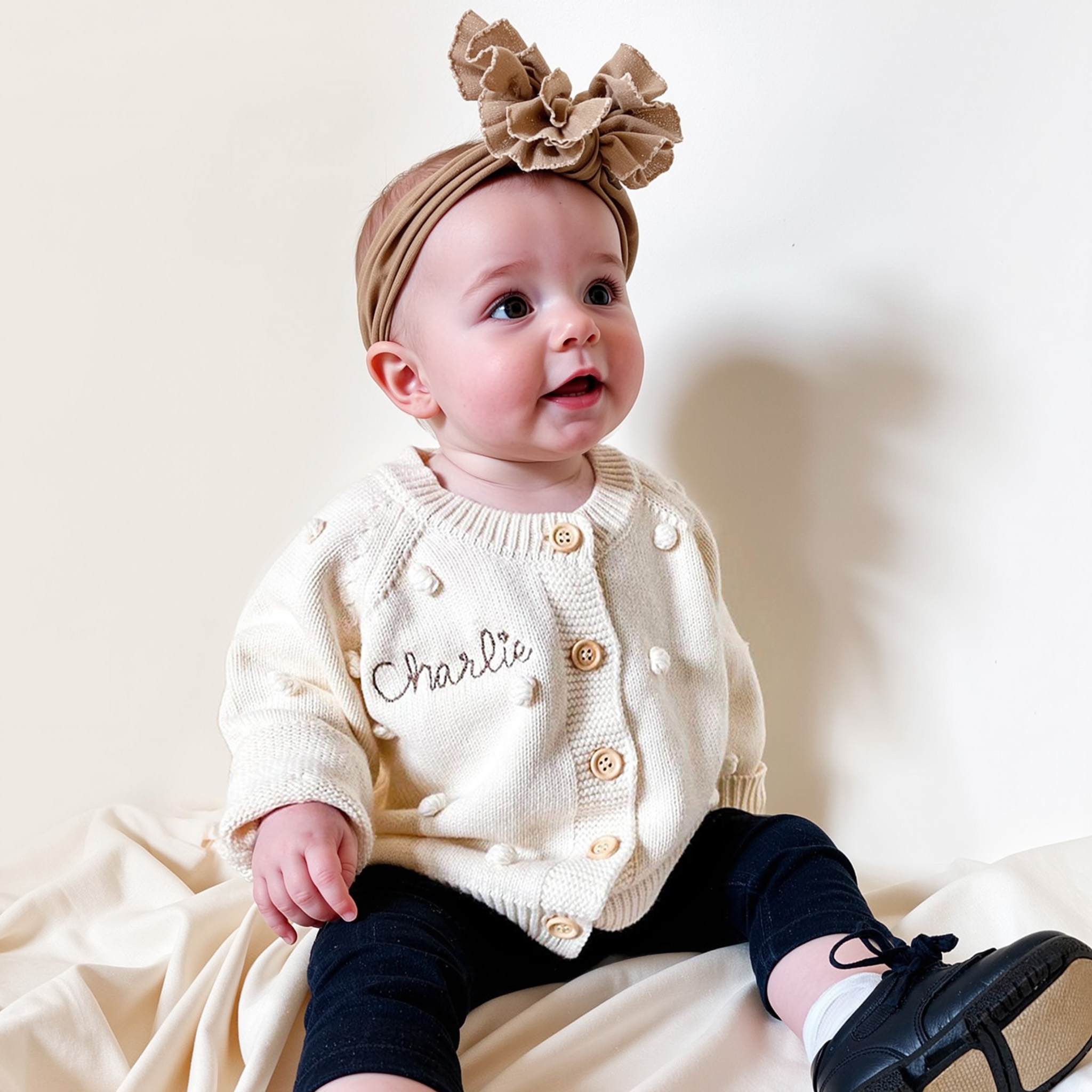 Personalized Embroidered Puff Knitted Cardigan Sweater | CWBaby361