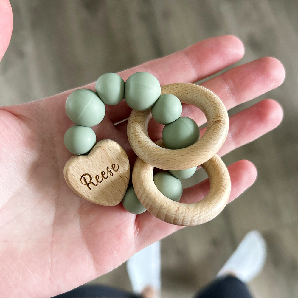 Personalized Baby Sensory Silicone Wooden Toy Ring | CWToy169