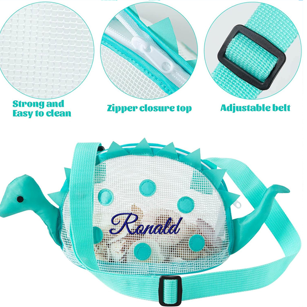 Personalized Embroidery Dinosaur Seashell Zipper Mesh Beach Bag | CWBeach102
