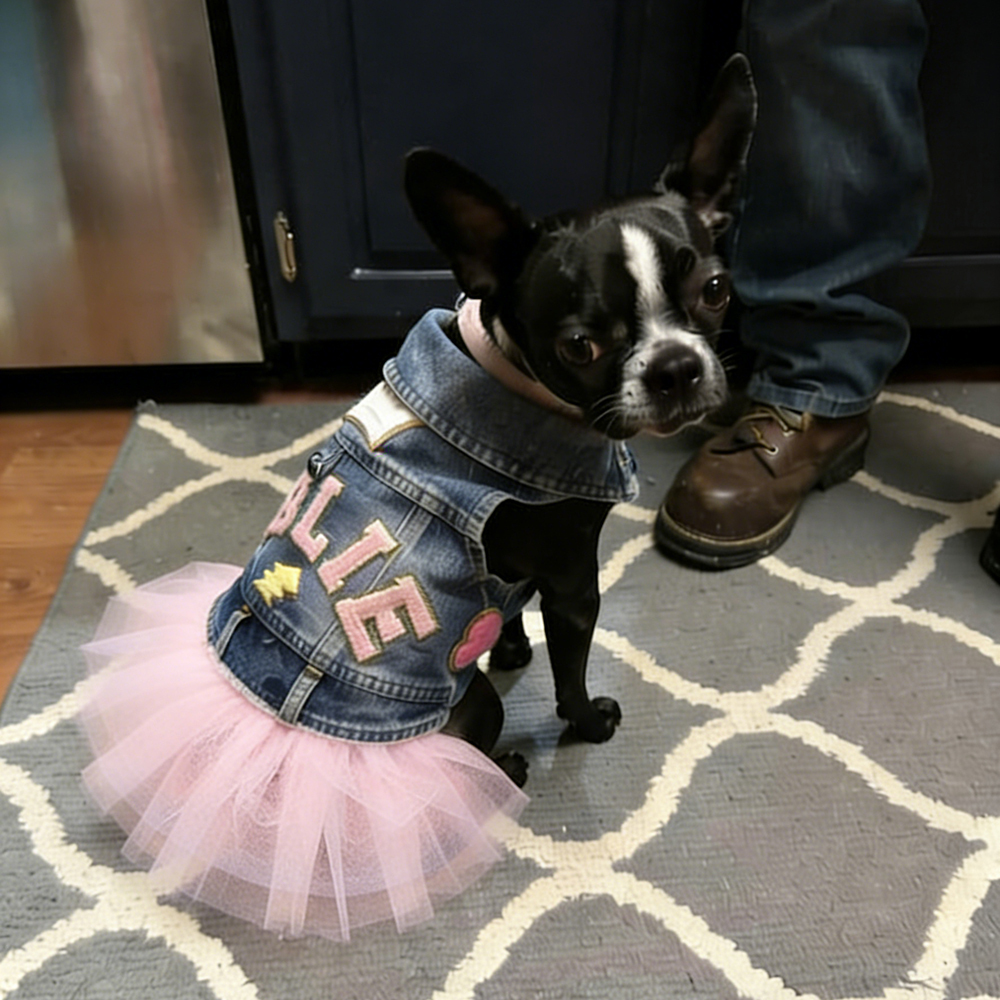 Personalized Hand Patch Pets Denim Jacket with TUTU Skirt | BKPet424