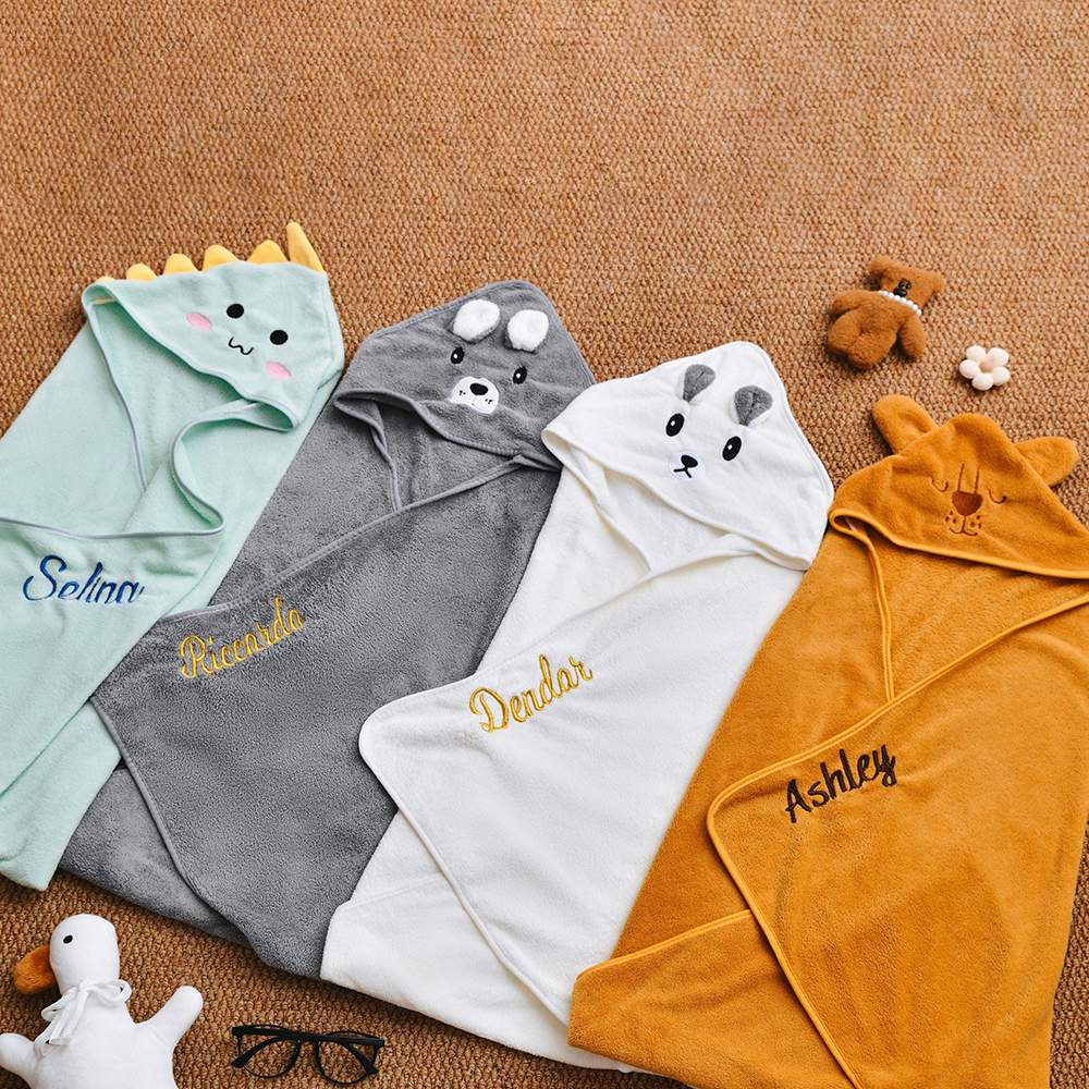 Personalized Embroidery Animal Coral Fleece Soft Hooded Towel | CWBaby142