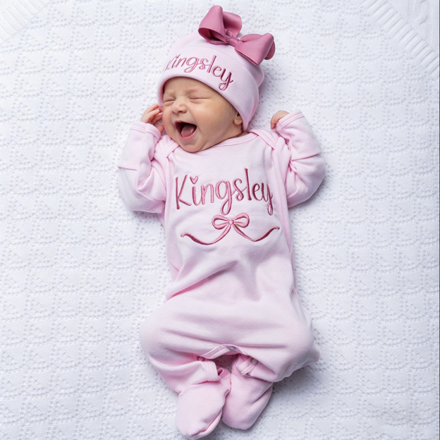 Personalized Embroidery Baby Girl Coming Home Romper and Hat Set | CWBaby482