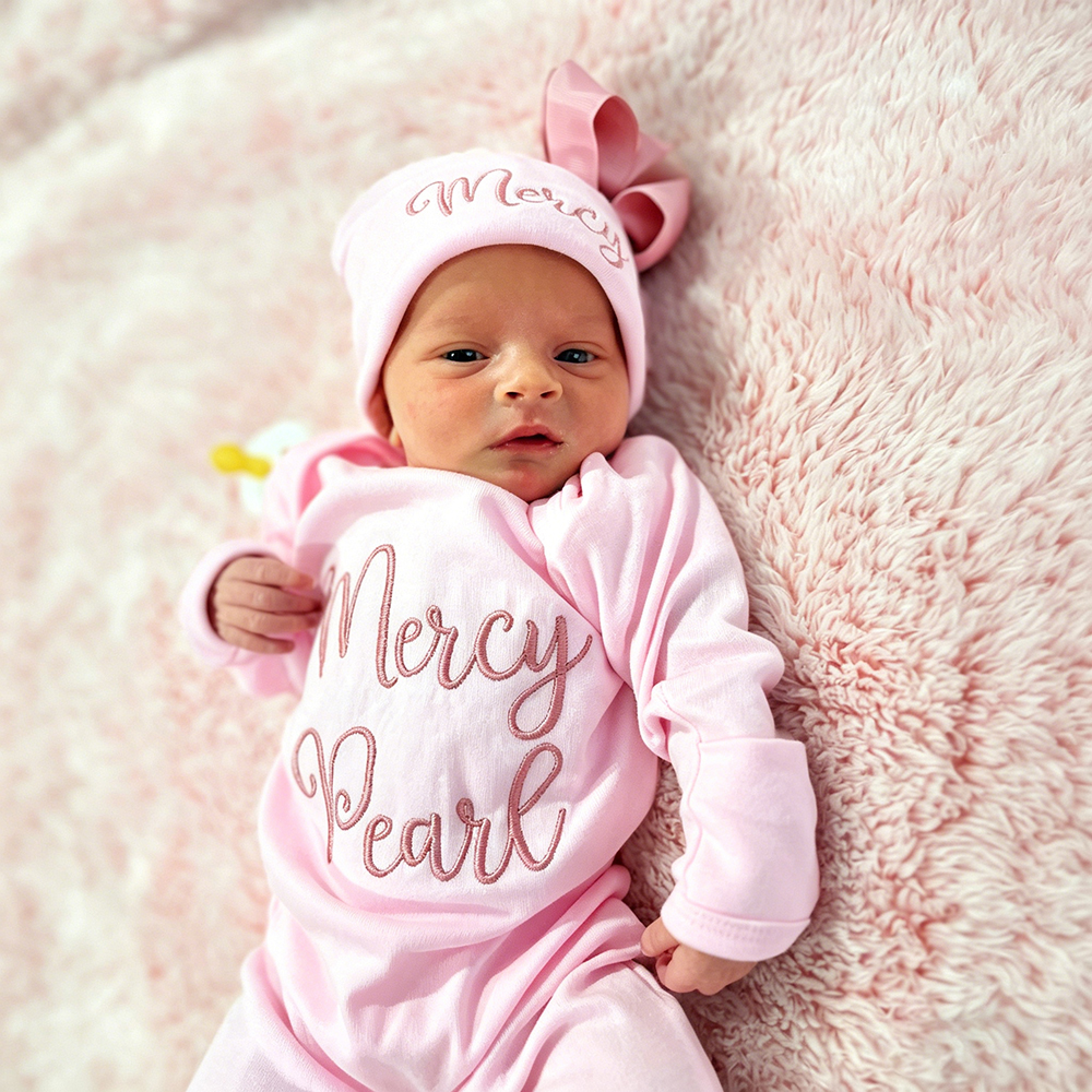 Personalized Embroidery Baby Girl Coming Home Romper and Hat Set | CWBaby488