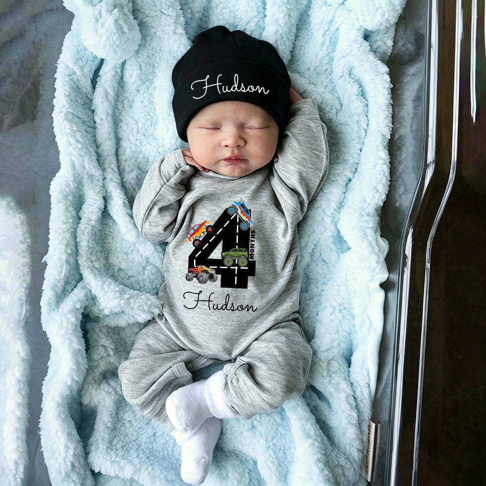 Personalized Baby Transportation Vehicle Romper With Hat Set | CWBaby497