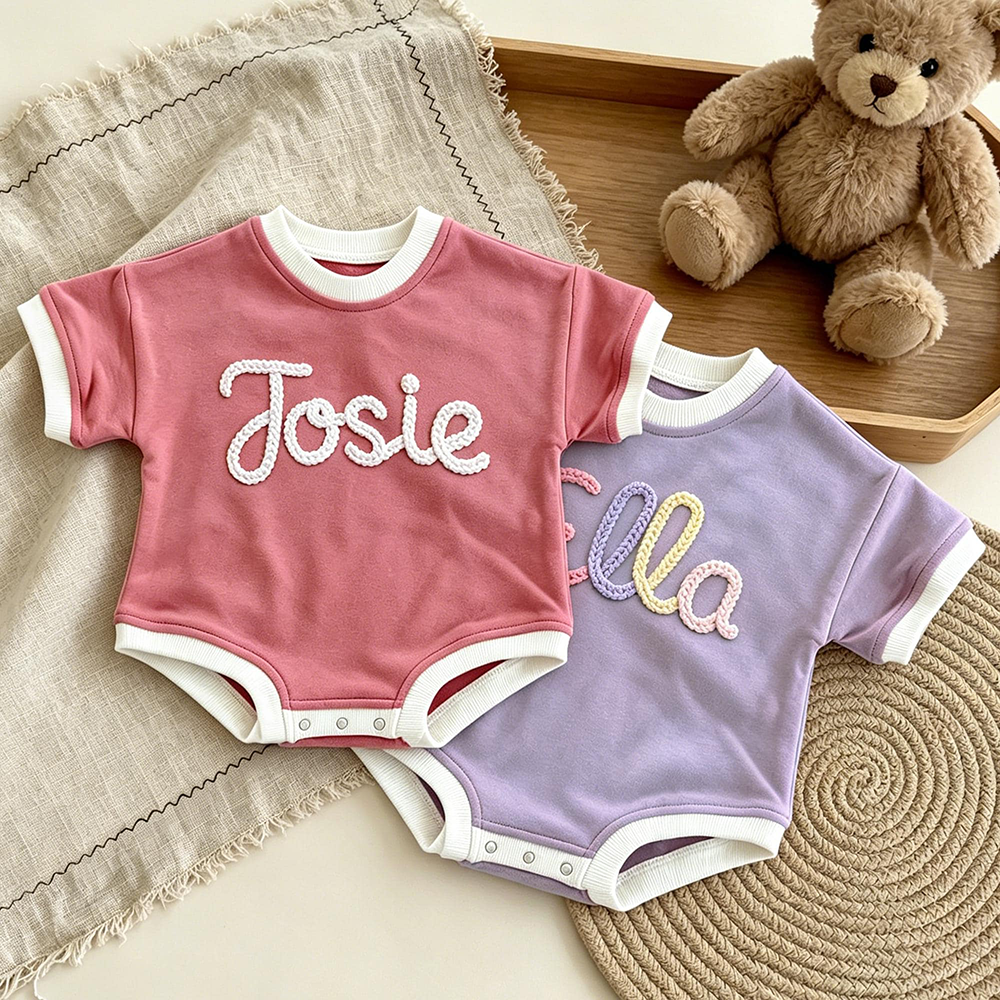Personalized Hand Embroidered Short Sleeve Baby Bubble Romper | CWBaby503