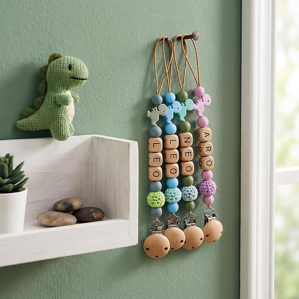 Personalized Baby Wooden Dinosaur Pacifier Clip | CWToy192