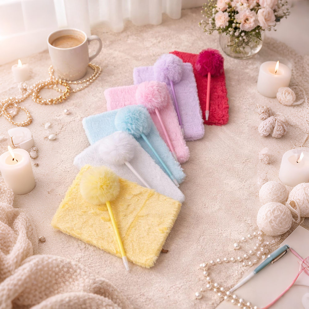 Personalized Hand Embroidery Fluffy Journal with Pom Pom Pen | CWGift75