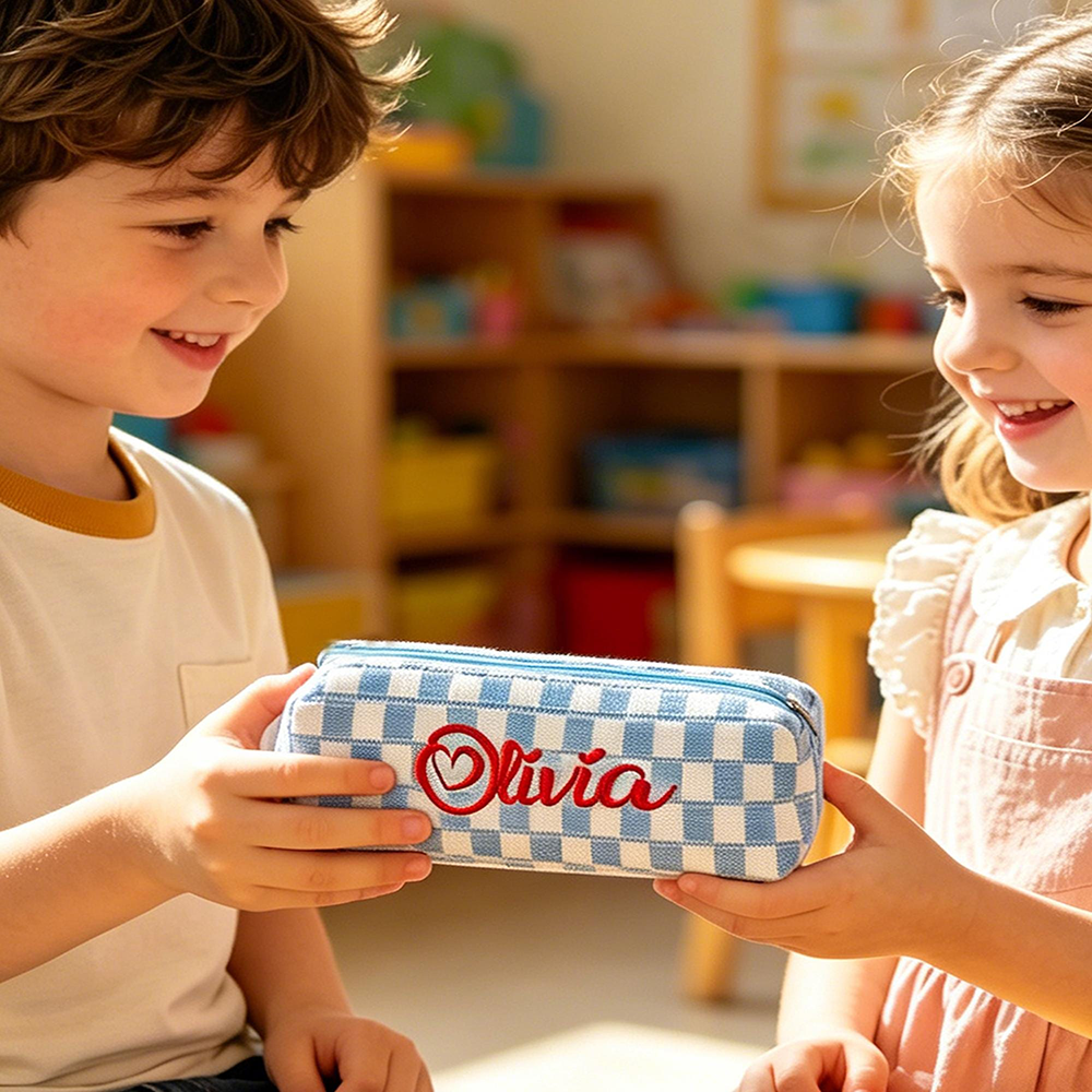 Personalized Embroidered Kids Colorful Gingham Pencil Case | CWPack372