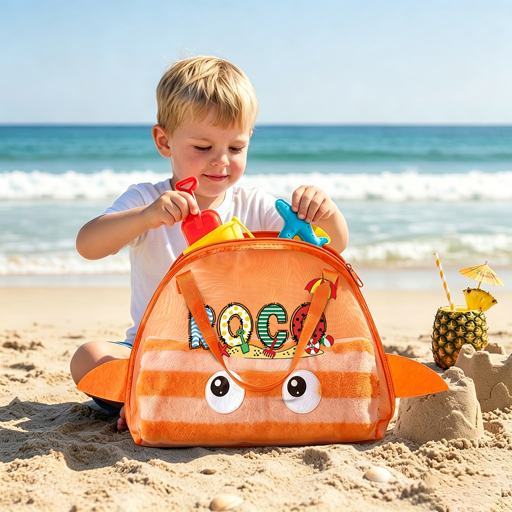 Personalized Adorable Shark Seashell Zipper Mesh Beach Bag | CWBeach262