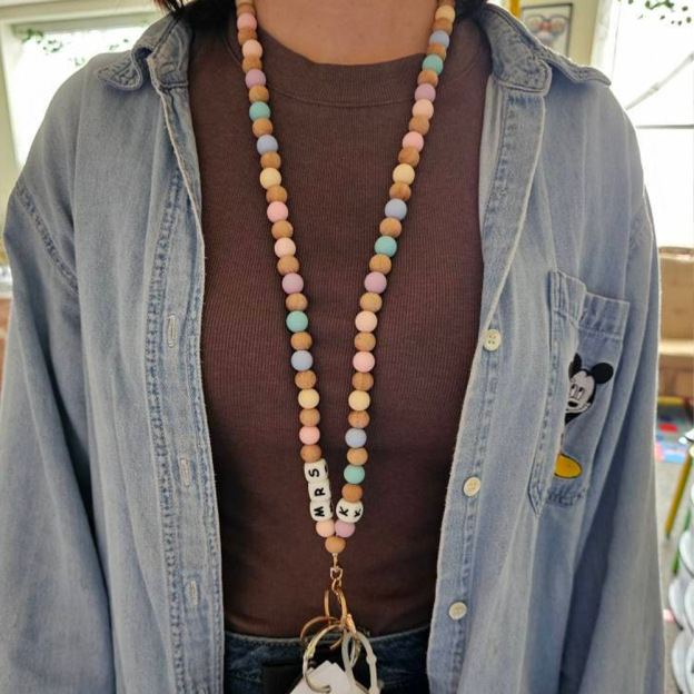Personalized Teacher Lanyard Beaded Wooden for Teacher Appreciation Gift | CWTeach02