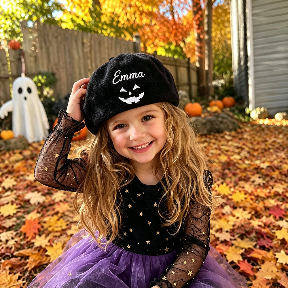 Personalized Embroidery Adjustable Halloween Pumpkin Beret | CWHalloween115