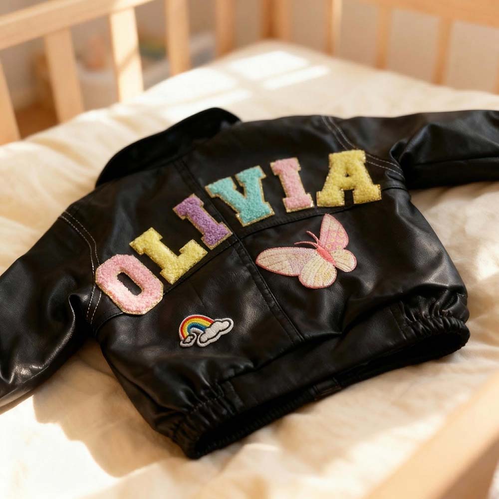 Personalized Chenille Patch Baby Vegan Leather Jacket | CWBaby518