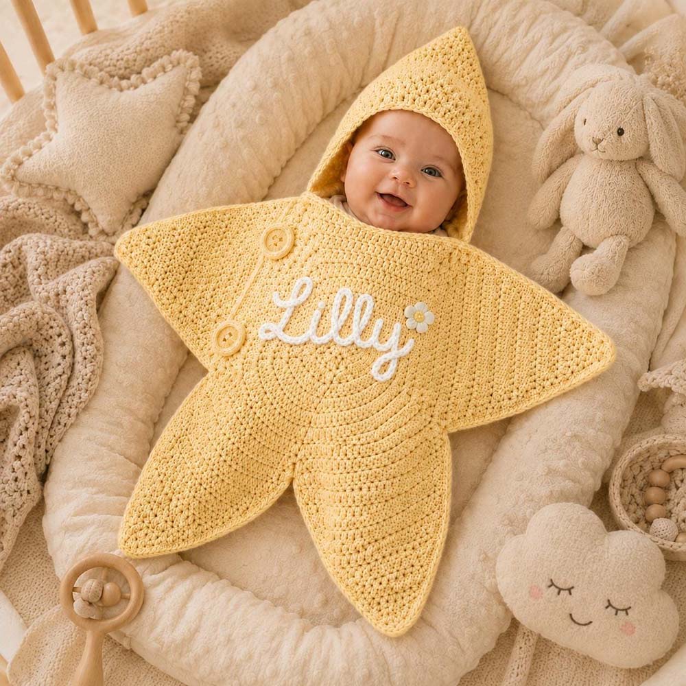 Personalized Hand Embroidered Hooded Crochet Star Baby Outfit | CWBaby524
