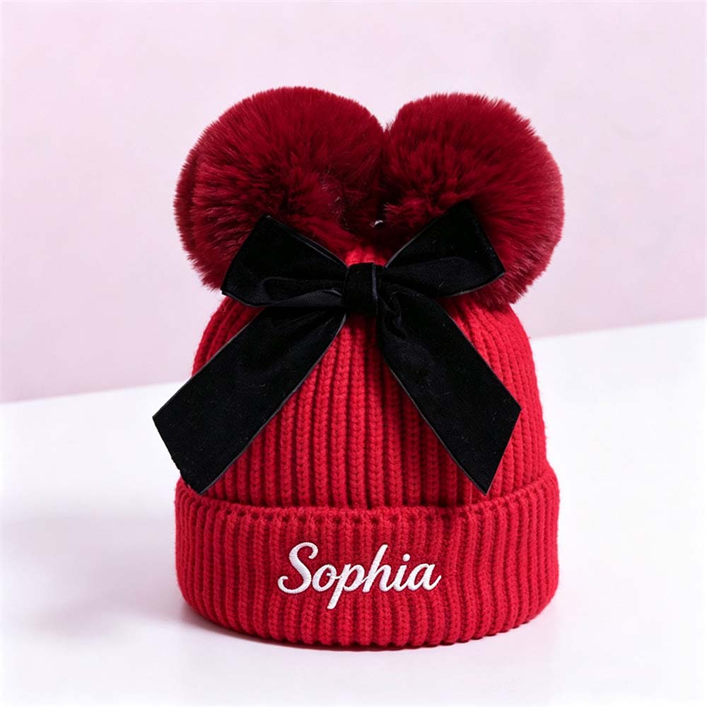 Personalized Embroidered Baby Pom Pom Hat with Bow | HSKid85