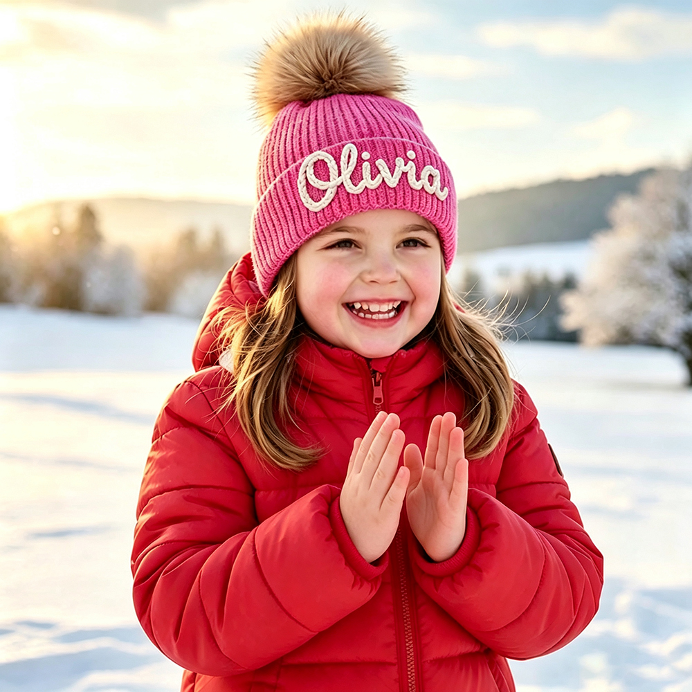 Personalized Hand Embroidered Kids Pom Beanie Winterhat | HSKid87