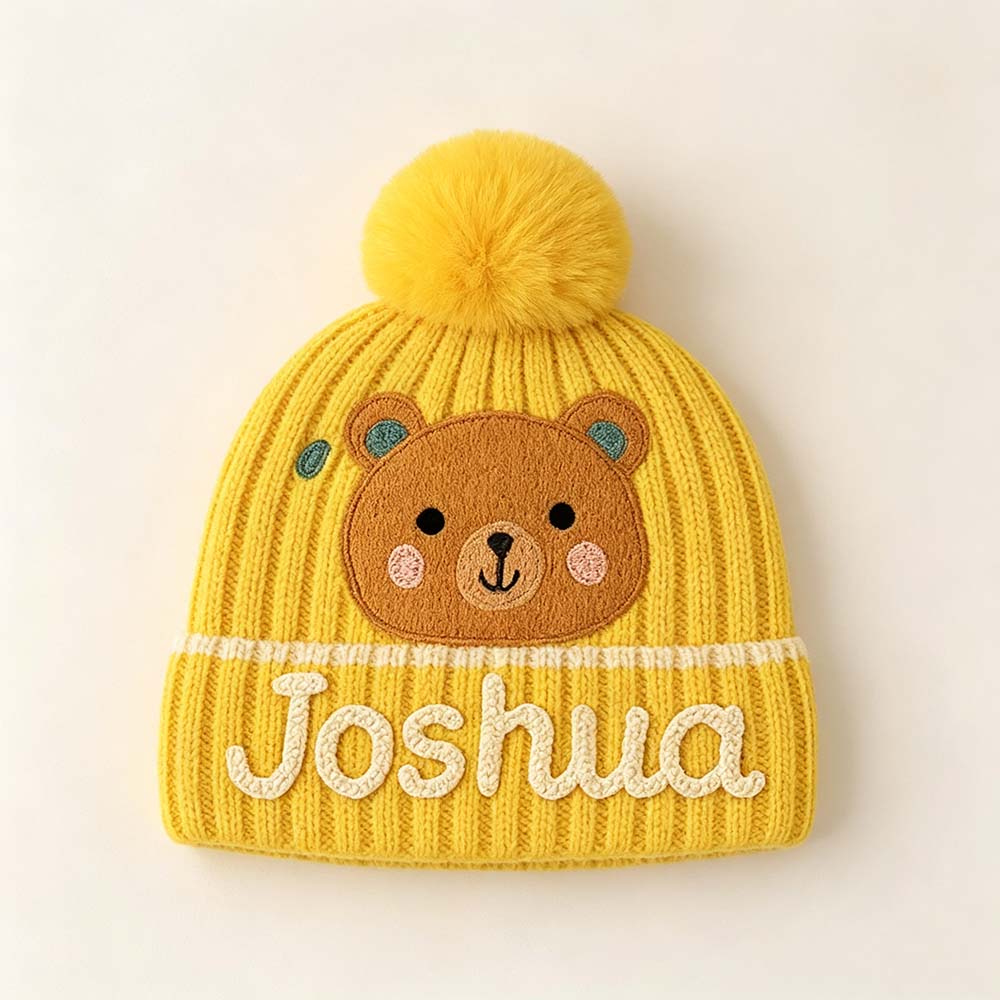Personalized Hand Embroidery Cartoon Animal Pom Pom Beanie WinterHat | HSKid90