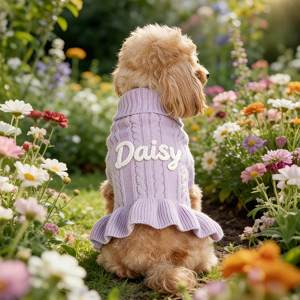Personalized Hand Embroidered Pet Knitted Ruffle Sweater Dress | BKPet578