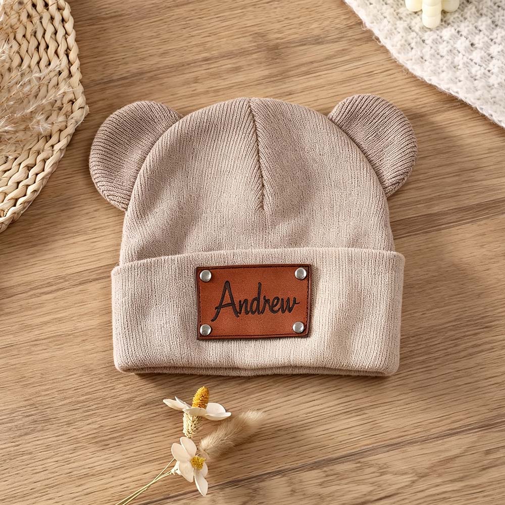 Personalized Leather Patch Kid Beanie Hat With Bear Ears | HSKid92