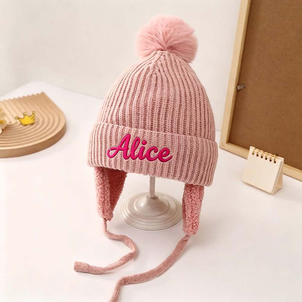 Personalized Embroidered Kids Winter Hat With Ear Flaps & Pom Pom | HSKid93