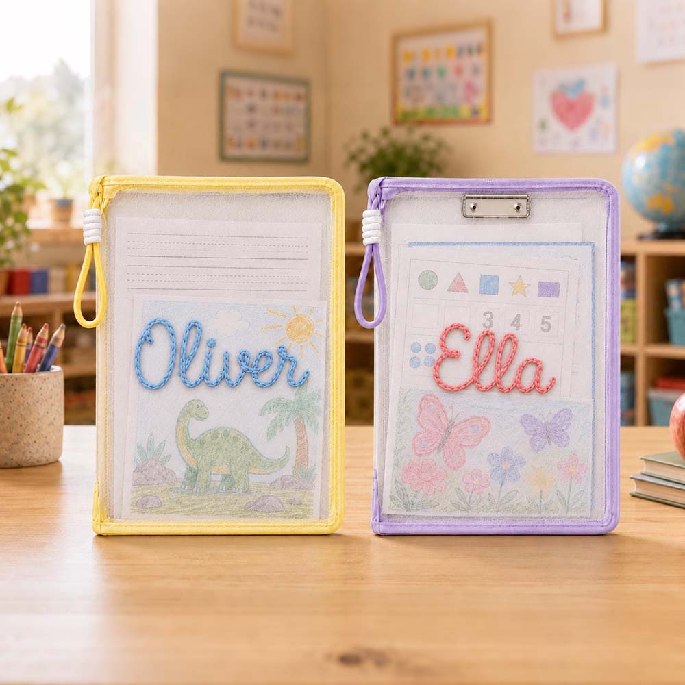 Personalized Hand Embroidered Homework Folder With Handle For Kids | CWToy207